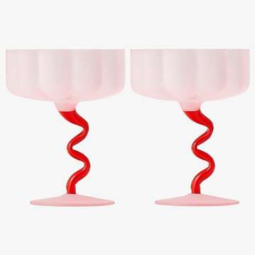 Khen Frosted Colored Unique Coupe Cocktail Glassware | Set of 2 | Pink & Red Colored Pastel Flower S...