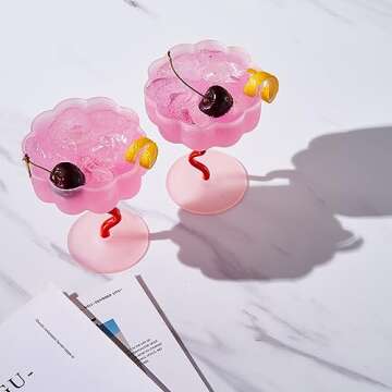 Khen Frosted Colored Unique Coupe Cocktail Glassware | Set of 2 | Pink & Red Colored Pastel Flower Shaped Glasses, Squiggly Stem Wine, Stemmed Vintage Glass - Valentine's Day Gift (7 OZ)