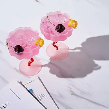 Khen Frosted Colored Unique Coupe Cocktail Glassware | Set of 2 | Pink & Red Colored Pastel Flower Shaped Glasses, Squiggly Stem Wine, Stemmed Vintage Glass - Valentine's Day Gift (7 OZ)