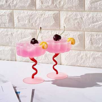 Khen Frosted Colored Unique Coupe Cocktail Glassware | Set of 2 | Pink & Red Colored Pastel Flower Shaped Glasses, Squiggly Stem Wine, Stemmed Vintage Glass - Valentine's Day Gift (7 OZ)