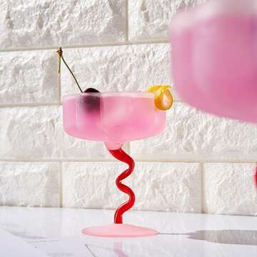 Khen Frosted Colored Unique Coupe Cocktail Glassware | Set of 2 | Pink & Red Colored Pastel Flower Shaped Glasses, Squiggly Stem Wine, Stemmed Vintage Glass - Valentine's Day Gift (7 OZ)