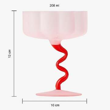 Khen Frosted Colored Unique Coupe Cocktail Glassware | Set of 2 | Pink & Red Colored Pastel Flower Shaped Glasses, Squiggly Stem Wine, Stemmed Vintage Glass - Valentine's Day Gift (7 OZ)