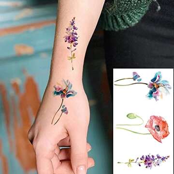 COKTAK 12Pieces/Lot 3D Watercolor Lavender Flower Temporary Tattoos For Women Body Art Arm Fake Flor...
