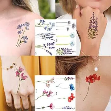 COKTAK 12Pieces/Lot 3D Watercolor Lavender Flower Temporary Tattoos For Women Body Art Arm Fake Flora Adults TattooSticker Waterproof Girls Tatoos