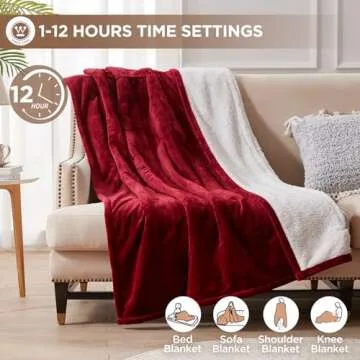 Westinghouse Heated Throw Blanket, Soft Flannel to Sherpa Electric Throw with 6 Heating Levels, 2-10 Hours Time Settings, Fast Heating, Machine Washable 50x60 Inch, Red