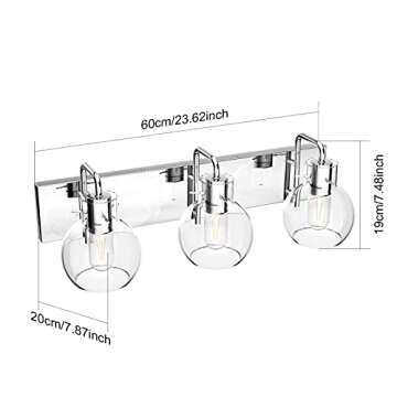 Tipace Modern Bathroom Vanity Lighting Fixtures 3-Lights Industrial Stainless Steel Chrome Finish with Globe Clear Glass Vanity Lights Farmhouse Bath Lighting(Exclude Bulb)