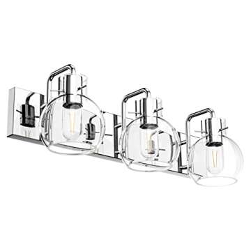 Tipace Modern Bathroom Vanity Lighting Fixtures 3-Lights Industrial Stainless Steel Chrome Finish with Globe Clear Glass Vanity Lights Farmhouse Bath Lighting(Exclude Bulb)
