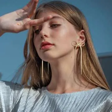 Gold Bow Drop Dangle Statement Earrings for Women Long Tassel Chain Dangling Earrings Jewelry