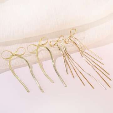 Gold Bow Drop Dangle Statement Earrings for Women Long Tassel Chain Dangling Earrings Jewelry