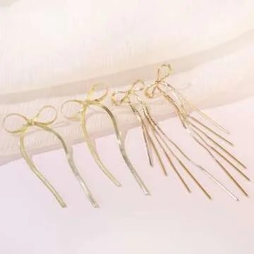 Gold Bow Drop Dangle Statement Earrings for Women Long Tassel Chain Dangling Earrings Jewelry