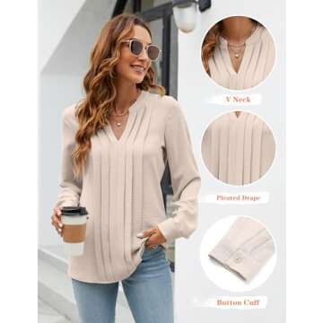 Blooming Jelly Women's Dressy Casual Blouses Business Work Tops Trendy Long Sleeve V Neck Pleated T ...
