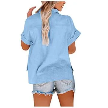 SMIDOW Womens Button Down Cotton Linen Shirts V Neck Roll Up Short|Long Sleeve Blouses Loose Collared Shirt Casual Work Tops