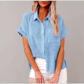 SMIDOW Womens Button Down Cotton Linen Shirts V Neck Roll Up Short|Long Sleeve Blouses Loose Collared Shirt Casual Work Tops