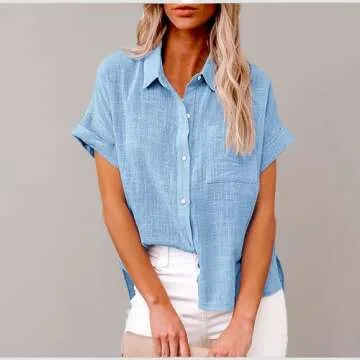 SMIDOW Womens Button Down Cotton Linen Shirts V Neck Roll Up Short|Long Sleeve Blouses Loose Collared Shirt Casual Work Tops