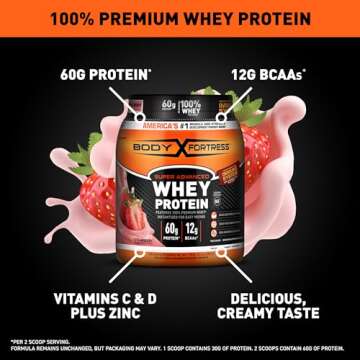 Body Fortress Super Advanced Whey Protein Powder, Strawberry, Immune Support (1), Vitamins C & D Plu...