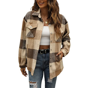 Tanming Women's Flannel Plaid Shacket Wool Blend Jacket
