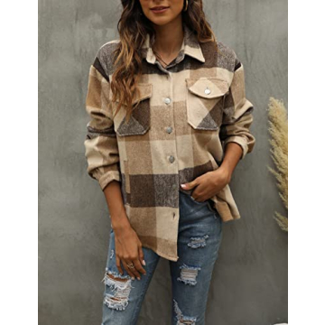 Tanming Women's Flannel Plaid Shacket Wool Blend Jacket