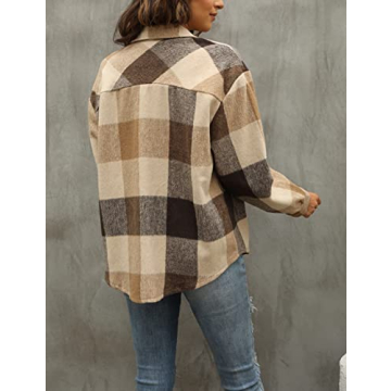 Tanming Women's Flannel Plaid Shacket Wool Blend Jacket