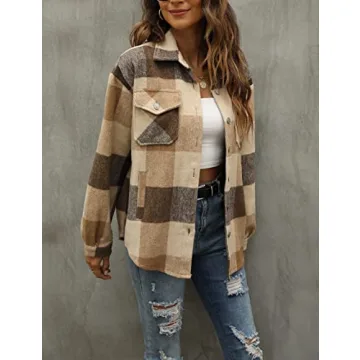 Tanming Women's Flannel Plaid Shacket Wool Blend Jacket