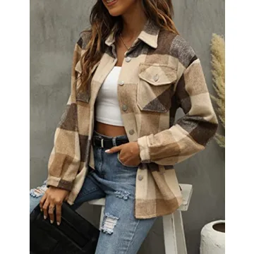 Tanming Women's Flannel Plaid Shacket Wool Blend Jacket