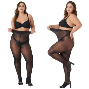 MANZI 2 Pairs Women's Plus Size Oil Shiny Sheer Pantyhose High Waist Shimmer Stockings Nylon Silky Tights Black XL-XXL