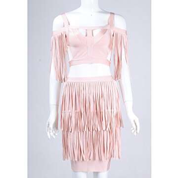 UONBOX Women's 1920s Vintage Cut Out Off Shoulder 2 Pcs Mini Party Tassel Bandage Dress