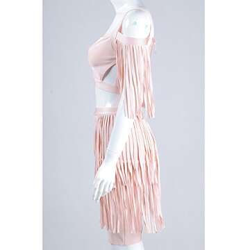 UONBOX Women's 1920s Vintage Cut Out Off Shoulder 2 Pcs Mini Party Tassel Bandage Dress