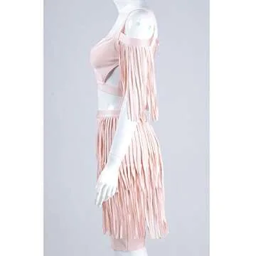 UONBOX Women's 1920s Vintage Cut Out Off Shoulder 2 Pcs Mini Party Tassel Bandage Dress