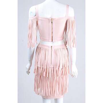 UONBOX Women's 1920s Vintage Cut Out Off Shoulder 2 Pcs Mini Party Tassel Bandage Dress