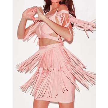 UONBOX Women's 1920s Vintage Cut Out Off Shoulder 2 Pcs Mini Party Tassel Bandage Dress