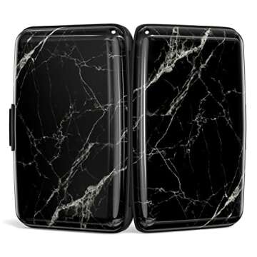 Atufsuat Credit Card Holder, Mini Aluminum Card Wallet RFID Blocking Slim Metal Hard Card Case for Women Men, Black Marble