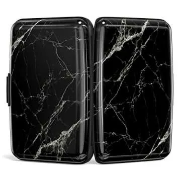 Atufsuat Credit Card Holder, Mini Aluminum Card Wallet RFID Blocking Slim Metal Hard Card Case for Women Men, Black Marble