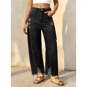 Cicy Bell Women's Baggy Wide Leg Jeans Barrel Horseshoe Boyfriend Cropped Raw Hem Denim Pants