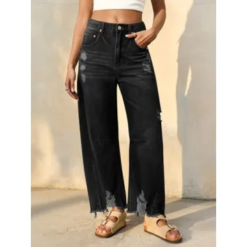 Cicy Bell Women's Baggy Wide Leg Jeans Barrel Horseshoe Boyfriend Cropped Raw Hem Denim Pants