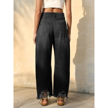 Cicy Bell Women's Baggy Wide Leg Jeans Barrel Horseshoe Boyfriend Cropped Raw Hem Denim Pants