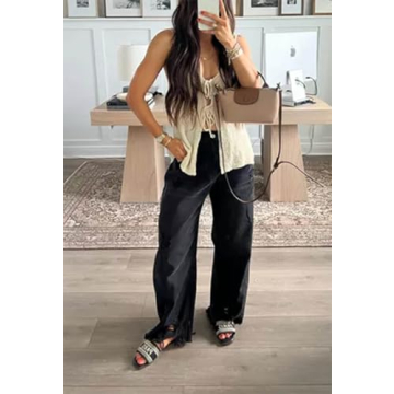 Cicy Bell Women's Baggy Wide Leg Jeans Barrel Horseshoe Boyfriend Cropped Raw Hem Denim Pants