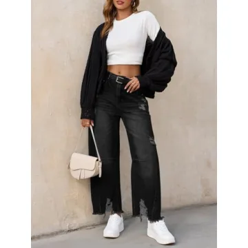 Cicy Bell Women's Baggy Wide Leg Jeans Barrel Horseshoe Boyfriend Cropped Raw Hem Denim Pants