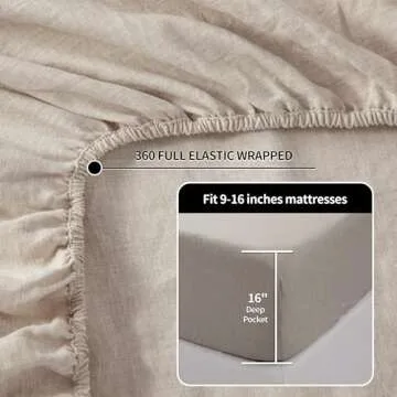 LBR02M 100% Linen Sheet Set Queen Size, Bed Sheets 4 Piece Sets, Solid Color Natural Flax Bed Sheets Soft Breathable Bedding,16" Deep Pocket,All Season (Queen, Linen)