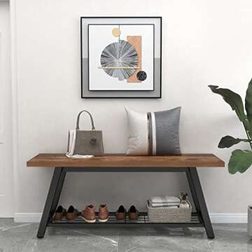 Oastreeful Storage Bench Industrial Rustic Wooden and Metal Entryway Shoe Boots Storage Rack Long Bench Seat for Hallway Bedroom Retro Brown Farmhouse Style