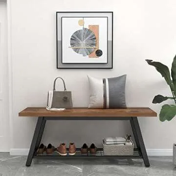 Oastreeful Storage Bench Industrial Rustic Wooden and Metal Entryway Shoe Boots Storage Rack Long Bench Seat for Hallway Bedroom Retro Brown Farmhouse Style