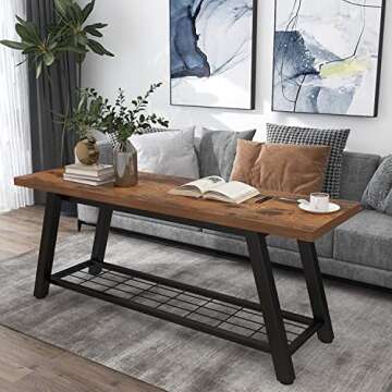 Oastreeful Storage Bench Industrial Rustic Wooden and Metal Entryway Shoe Boots Storage Rack Long Bench Seat for Hallway Bedroom Retro Brown Farmhouse Style