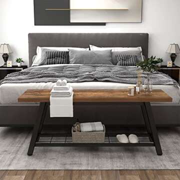 Oastreeful Storage Bench Industrial Rustic Wooden and Metal Entryway Shoe Boots Storage Rack Long Bench Seat for Hallway Bedroom Retro Brown Farmhouse Style