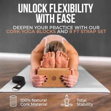 Cork Yoga Blocks 2 Pack with Strap- 9x6x3 Inch Natural Yoga Block Set of 2- Pilates Props and Accessories - High Density Cork Bricks For Exercise
