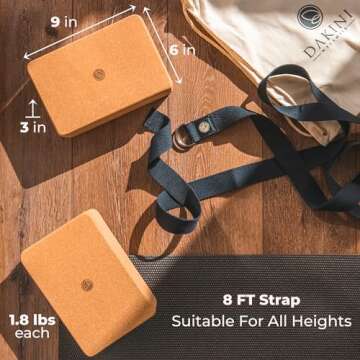Cork Yoga Blocks 2 Pack with Strap- 9x6x3 Inch Natural Yoga Block Set of 2- Pilates Props and Accessories - High Density Cork Bricks For Exercise