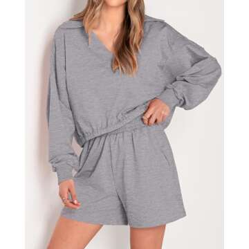 WICIWI Women's 2 Piece Outfits Cotton Tracksuit Long Sleeve Top Shorts Sets With Pocket Lounge Wear ...