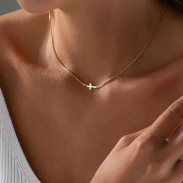 Rotnso Cross Necklace for Women 14K Gold Plated Dainty Small Sideways Cross Pendant Choker Simple Tr...