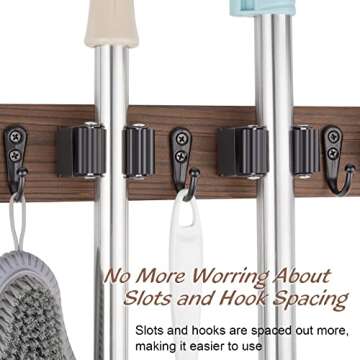 OUTNILI Mop and Broom Holder Wall Mount - Rustic Wood Broom Mop Hanger - Wall Mounted Garden Tool Rack Organizer for Closet Garage Laundry Room Kitchen Decor With 4 Slots & 4 Hooks