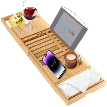 SereneLife Luxury Bamboo Bathtub Caddy Tray - Adjustable Natural Wood Bath Tub Organizer with Wine H...