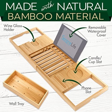 SereneLife Bamboo Bath Caddy - Adjustable Bathtub Organizer