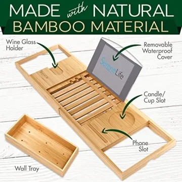 SereneLife Bamboo Bath Caddy - Adjustable Bathtub Organizer